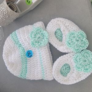 Crocheted infant hat and booties hand made